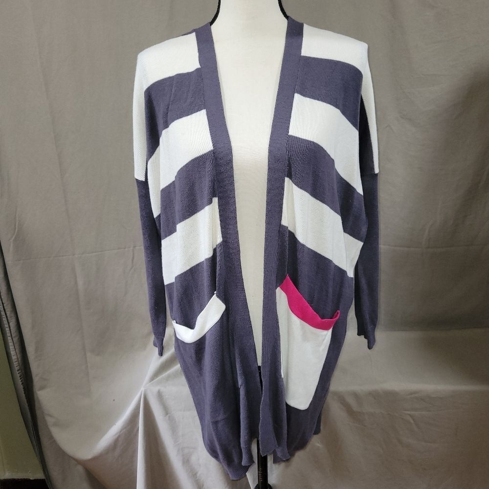 a+ro medium blue white stripped with pink strip pocket long open front cardigan
